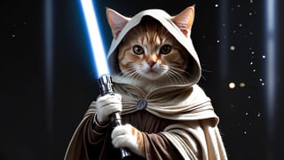 (cat:1.3), a master jedi cat, star wars, holding lightsaber, wearing a jedi cloak hood, photorealistic,cat,
