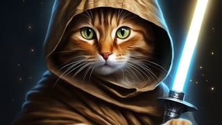 (cat:1.3), a master jedi cat, star wars, holding lightsaber, wearing a jedi cloak hood, photorealistic,cat,oil paint