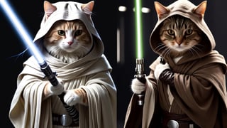 (cat:1.3), a master jedi cat, star wars, holding lightsaber, wearing a jedi cloak hood, photorealistic,cat,