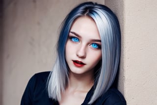 vampire, beautiful, platinum color hair, blue eyes, 19 years old adult, wearing casual outfits.
