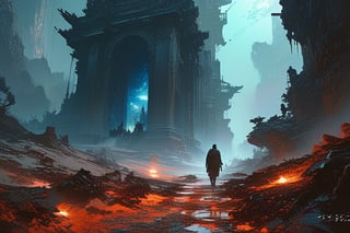 A dark luminescent galaxy, people walking in a hellish and grim landscape, soft lighting, sharp focus, by Marc Simonetti & Yoji Shinkawa. Rough edges, trending on artstation, studio photo, intricate details, highly detailed. walking with me in hell. 