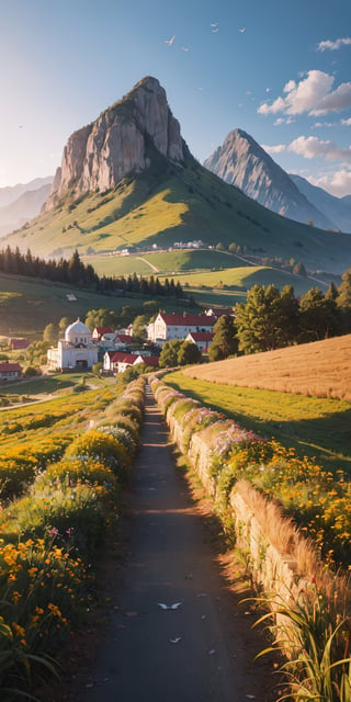 Masterpiece, top quality, high definition, high resolution
Countryside farm, wheat fields,trees , summer day , sky, farming, birds, flowers,road leading to gurudwara at hill, evening time , mountain 