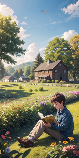 Masterpiece, top quality, high definition, high resolution
Countryside farm, wheat fields,trees , small boy sitting under tree on ground reading books , summer day , farm house, sky, farming, birds, flowers