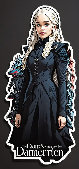 Typographic art featuring & perfect text "Daenerys Targaryen". Dark black suit,Stylized, intricate, detailed, artistic, text-based., Emilia Clarke,Leonardo Style,sticker, standing, Full body ,side pose