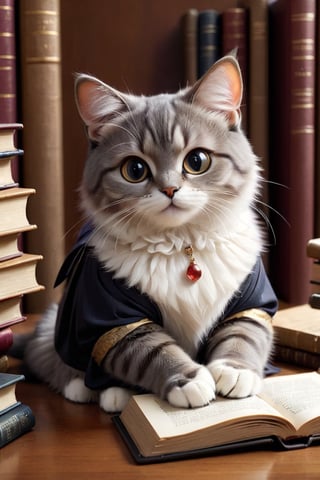 A fatigued cat, adorned in scholarly attire, rests on a desk surrounded by books and study materials. The cat's claws delicately grip a pen, and its head is gently laid on the book, embodying a profound academic atmosphere..,cat paw,。 .  a transparent/translucent medium, 