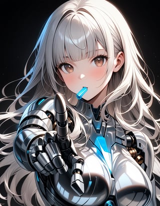 a curvy cyborg female having luster metallic silver body and mechanical joints and internal structure exposed,long silver hair and see_through blunt bangs and glossy dark_brown eyes,in heat,blowing a whistle and pointing a mechanical finger aiming at viewer, in black background,30 yo,looking at viewer,relaxed ,masterpiece,niji5