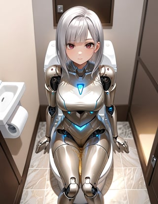 from above,straight on,A curvy female android is sitting and peeing,having glossy chrome silver mechanical body with mechanical joints and mechanical internal structures exposed.contrapposto.chrome-silver body reflects her surroundings and glistening in soft light,smooth silver hair,medium_length hair with diagonal bangs,glossy dark brown eyes aglow with inner light.looking at viewer,confuse,30 yo, background blurred,niji5,precise illustration,JST, toilet, indoors, scenery,