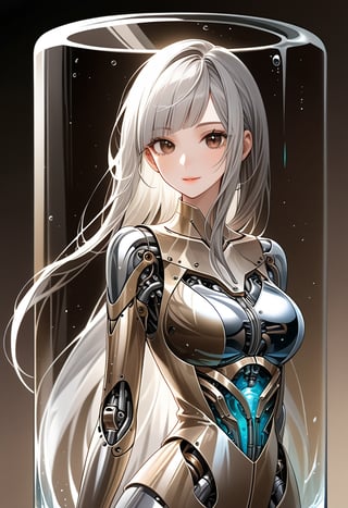 plain background,
Image of a female android floating inside a giant transparent glass cylinder filled with clear water.,A curvy female is floating inside a glass bottle filled by water,chrome-silver metallic body reflects her surroundings and glistening in front light,her body is exposed mechanical internal structures, long Silver hair cascading down her shoulders with diagonal bangs frames her features,glad,30 yo, looking at viewer,glossy dark brown eyes aglow with inner light,long eyelashes, depth of fields,Fill Light ,niji5
