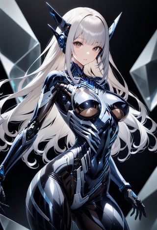 A curvy female having glassy mechanical body and mechanical internal structure exposed,headgear,smooth hair,long silver hair and diagonal bangs,glossy dark brown eyes,contrapposto,blur background,black background,niji5,precisely drawing,Glass Elements,(Transperent Parts)