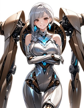 hip focus,A curvy robot having glossy silver metallic mechanical body with mechanical joints and internal structures visible,glossy silver metallic body reflects her surroundings and glistening in front light,her joints is exposed mechanical internal structures,standing with raising 1leg,folded arms in front of her body,
glossy dark brown eyes aglow with inner light,long eyelashes,Silver hair cascading down her shoulders,2braided hair with diagonal bangs,laugh,30 yo,glowing earring,
depth of fields,Fill Light ,daytime,white plain simple background blurred,niji5,