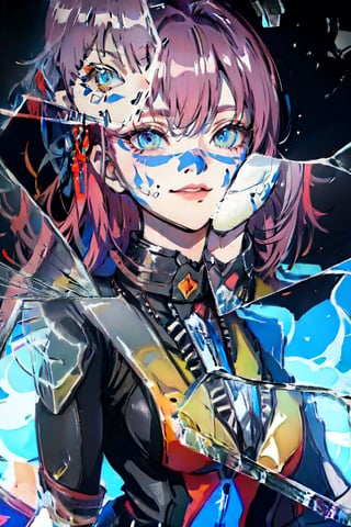 (The girl wears half a sky blue mask on the left side of her face:1.2),(Mask with elegant patterns),high resolution, detailed anatomy, detailed face, extra detailed,purple-hair, detailed eyes, 1 girl ,angel_beats!, imponent aura,perfecteyes,1 girl,horb,(hollow mask ichigo:1.2)(mask:1),(IncrsBrknGls:1),(large breast:1),(babymetal:1),Aarya-san