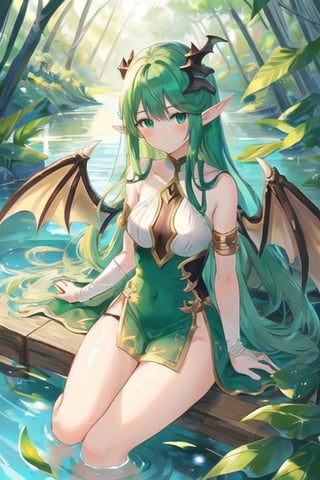 Tiamat girl, dragon girl, 1 girl, detailed face and eyes, very long green hair, blue eye, brown horns, green wings, (((green wings))), green tail, very sexy elf style dress, no shoes , visual novel cg, in a lake background, epic fantasty art, queen of woodland, nature elf, jungle, infernal art in good quality, shadowverse style, ruler of forest, plantation, nature dragon, isekai manga panel