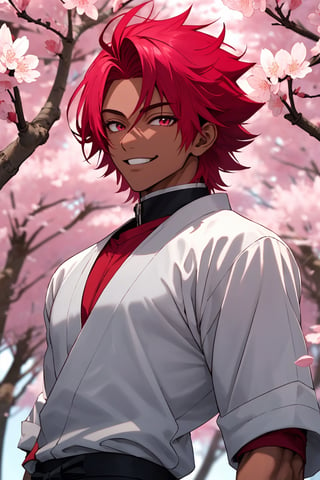 
Highly detailed.High Quality.Masterpiece. Beaitiful (mid shot).

Young man of 20 years old, dark skin, tall and with a great physique (muscular). His hair is reddish-pink (more red then pink) , curly, short, and has a spiky hairstyle (similar to Sasuke's, but he had dark skin), with two strands sticking out from the back of his head. He has large eyes (well detailed) and light honey color. He wears a short red shirt with some white details, white bracelets and black pants. He is alone, but with a happy smile on his face enjoying a beautiful starry sky in a cherry forest (Sakura trees).