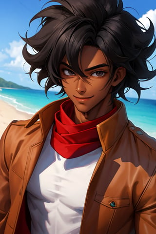 
Highly detailed.High Quality.Masterpiece. Beaitiful (mid close-up).

Young man of 20 years old, dark skin, tall and with a great physique (muscular). His hair is black, curly, messy, short (very short). He has large, light black eyes. He wears a short gray t-shirt, a red scarf, brown jacket, and black pants. He is alone, but with a happy smile on the beach.
