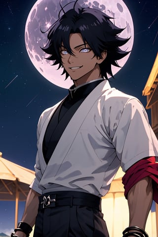 
Highly detailed.High Quality.Masterpiece. Beaitiful (mid shot).

Young man of 20 years old, dark skin, tall and with a great physique (muscular). His black hair is curly, short, (like Sasuke's, but he had dark skin), with two strands sticking out from the back of his head. It has large eyes (it is a byakugan) and light mauve color (these eyes glow). He wears a short white shirt with some gray details, red bracelets and black pants. He is alone, but with a happy smile on his face enjoying a beautiful starry sky on a beach (with the moon in the background)