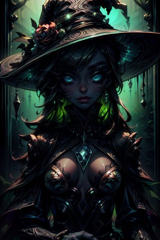 (masterpiece, best quality, extremely detailed, intricately detailed, volumetric lighting, absurdres, 8k, chiaroscuro lighting, 1_girl), (((feminine_eyelashes, gorgeous_eyes))), (witch, elegant, short_black_dress, rogue), petite, emerald_gems, cyan_neon, cyan_theme, flat_chest, pale,