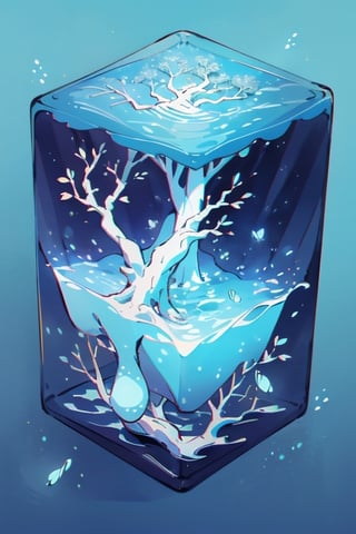 tree in water cube, isometric, blue glowing background, white balance, firefliesfireflies
