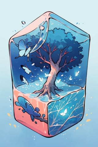 tree in water cube, isometric, light blue gradient background,firefliesfireflies