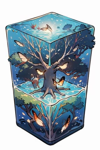 tree in water cube, isometric, white background,firefliesfireflies
