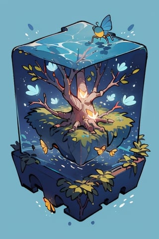 leafy tree in water cube, isometric, blue glowing background, firefliesfireflies