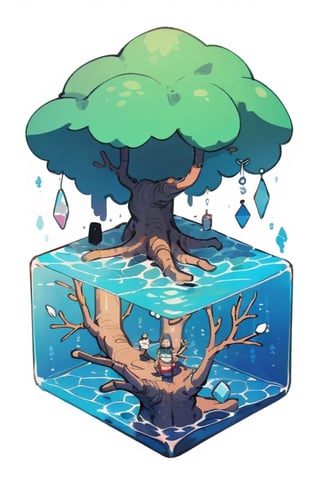 tree in water cube, isometric, white background