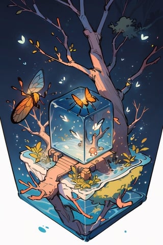 tree in water cube, isometric, white background,firefliesfireflies