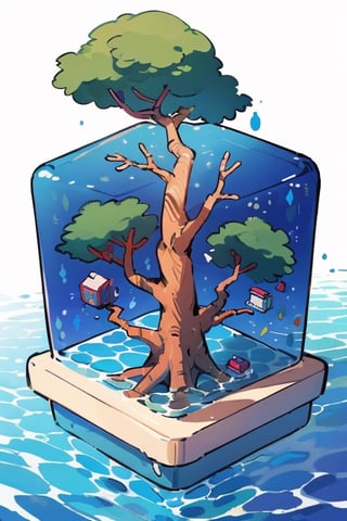 tree in water cube, isometric, white background