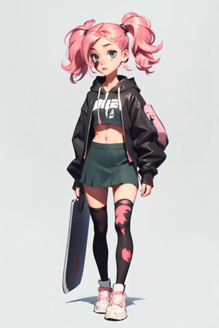 full_body, 14 year old, cute urban street kid girl with pink and gree hair in twin pigtails, wearing crop top hoodie, mini skirt and thigh highs, carrying a large backpack, holding an oversized machette, blood splatter background, decapitated zombie head at her feet, pop art style midjourney, 1 girl, SAM YANG, realhands, SAM YANG
,girl, gun