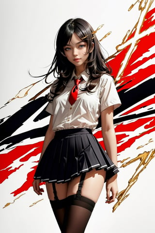 (best quality, masterpiece) 1girl, school uniform, sharp eyes, looking at viewer, hand on hip, pleated mini skirt, garter belt, stockings, black hair, medium hair, medium breasts, standing, nice hands, perfect hands, Persona Cut In, almost_naked, nude