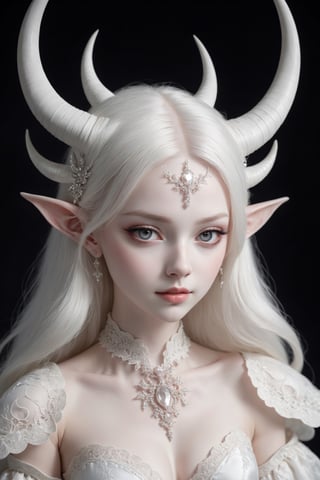 (full body),(long intricate horns:1.2), albino demon girl with enchantingly beautiful, alabaster skin, thinking
A benevolent smile, girl has Beautiful deep black eyes, soft expression, Depth and Dimension in the Pupils,
Her porcelain-like white skin reflects an almost celestial glow, highlighting her ethereal nature, Every detail of her divine lace costume is meticulously crafted, adorned with jewels that sparkle with a divine radiance,

Capture the subtle intricacies of the lacework, emphasizing the delicate patterns that complement her unearthly features. From the curve of her horns to the flowing elegance of her dress, every aspect contributes to an aura of supernatural allure. The jewels, carefully placed, create a mesmerizing dance of light that enhances her divine presence,

Consider the composition to portray her in a setting that complements her celestial beauty, whether it's a moonlit garden or a mystical realm, Illuminate the scene with soft, enchanting light to accentuate the magical and mysterious atmosphere,The overall goal is to evoke a sense of wonder and captivation, celebrating the unique and transcendent beauty of this albino demon girl,
,goth person,realistic,Wonder of Art and Beauty