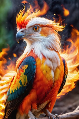 the head and upper body of a beautiful phoenix bird, fire emintaes from his feathers, burning, beautiful coloration of the feathers, ornate plumage, orange, red, yellows, flowing into flames, full head, no cropping, bird of prey beak, high quality, 8k, sharp details, {{sharp focus on the eye}}, fine art painting, plain black background, ,fire element, composed of fire elements