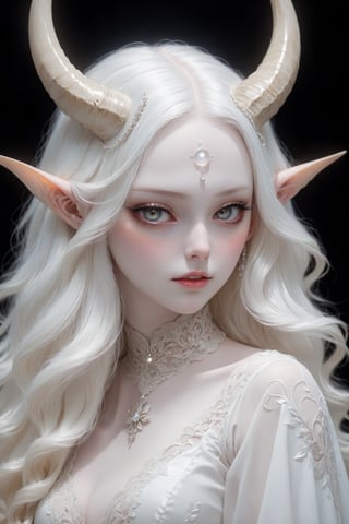 (upper body), (long intricate horns:1.2), sensual albino demon girl with enchantingly beautiful, alabaster skin, thinking, thoughtful, A benevolent smile, girl has beautiful deep eyes, soft expression, Depth and Dimension in the Pupils, Her porcelain-like white skin reflects an almost celestial glow, highlighting her ethereal nature, Every detail of her divine lace costume is meticulously crafted, adorned with jewels that sparkle with a divine radiance, mysterious smoky background, an aura of supernatural allure, ornate jewels, mesmerizing dance of light that enhances her divine presence, moonlit garden, mystical realm, the scene Illuminated  with soft enchanting light to accentuate the magical and mysterious atmosphere, goth person, realistic, Wonder of Art and Beauty, ghost person,ghost person