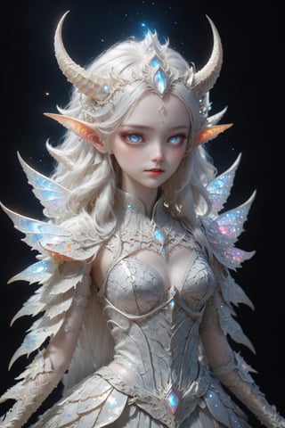 (upper body), (long intricate horns:1.2), sensual albino demon girl with enchantingly beautiful, alabaster skin, thinking, thoughtful, A benevolent smile, girl has beautiful deep eyes, soft expression, Depth and Dimension in the Pupils, Her porcelain-like white skin reflects an almost celestial glow, highlighting her ethereal nature, Every detail of her divine lace costume is meticulously crafted, adorned with jewels that sparkle with a divine radiance, mysterious smoky background, an aura of supernatural allure, ornate jewels, mesmerizing dance of light that enhances her divine presence, moonlit garden, mystical realm, the scene Illuminated  with soft enchanting light to accentuate the magical and mysterious atmosphere, goth person, realistic, Wonder of Art and Beauty, ghost person,ghost person,F41Arm0rXL 