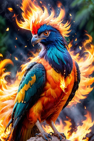 the head and upper body of a beautiful phoenix bird, fire emintaes from his feathers, burning, beautiful coloration of the feathers, ornate plumage, orange, red, yellows, flowing into flames, full head, no cropping, bird of prey beak, high quality, 8k, sharp details, {{sharp focus on the eye}}, fine art painting, plain black background, ,fire element, composed of fire elements
