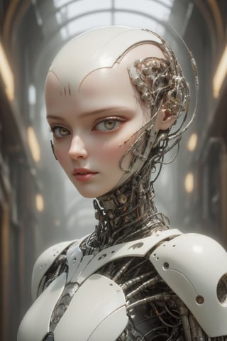 Masterpiece, {{{full_body}}}, {{{full_figure}}}, Oil painting of a beautiful female cyborg. bald head, pale white skin with a rubbery plastic look, glistening, pearlescent skin. beautiful face, made to look almost human, but has an eerie quality, vacant eyes, luscious pouting lips, dreamlike, hyperrealistic, instanely detailled soft color, dreamlike, surrealism, plain graduated pale background, intricate details, 3D rendering, octane rendering. Art in pop surrealism lowbrow creepy cute style. Inspired by Ray Caesar. Vintage art, ((art deco background)), opaque colors, light grain, indirect lighting, aesthetic portrait, DonMCyb3rN3cr0XL,cyborg,science fiction,close up
