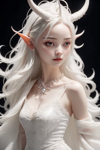 (full body),(long intricate horns:1.2), albino demon girl with enchantingly beautiful, alabaster skin,
A benevolent smile, girl has Beautiful deep black eyes, soft expression, Depth and Dimension in the Pupils,
Her porcelain-like white skin reflects an almost celestial glow, highlighting her ethereal nature, Every detail of her divine lace costume is meticulously crafted, adorned with jewels that sparkle with a divine radiance,

Capture the subtle intricacies of the lacework, emphasizing the delicate patterns that complement her unearthly features. From the curve of her horns to the flowing elegance of her dress, every aspect contributes to an aura of supernatural allure. The jewels, carefully placed, create a mesmerizing dance of light that enhances her divine presence,

Consider the composition to portray her in a setting that complements her celestial beauty, whether it's a moonlit garden or a mystical realm, Illuminate the scene with soft, enchanting light to accentuate the magical and mysterious atmosphere,The overall goal is to evoke a sense of wonder and captivation, celebrating the unique and transcendent beauty of this albino demon girl,
,goth person,realistic,Wonder of Art and Beauty