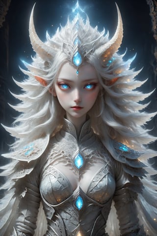 (upper body), (long intricate horns:1.2), sensual albino demon girl with enchantingly beautiful, alabaster skin, thinking, thoughtful, A benevolent smile, girl has beautiful deep eyes, soft expression, Depth and Dimension in the Pupils, Her porcelain-like white skin reflects an almost celestial glow, highlighting her ethereal nature, Every detail of her divine lace costume is meticulously crafted, adorned with jewels that sparkle with a divine radiance, mysterious smoky background, an aura of supernatural allure, ornate jewels, mesmerizing dance of light that enhances her divine presence, moonlit garden, mystical realm, the scene Illuminated  with soft enchanting light to accentuate the magical and mysterious atmosphere, goth person, realistic, Wonder of Art and Beauty, ghost person,ghost person,F41Arm0rXL ,DonMM4g1cXL 