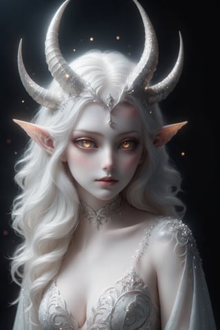 ((full_body)), (long intricate horns:1.2), sensual albino demon girl with enchantingly beautiful, alabaster skin, {{{naked breasts}}}, thinking, thoughtful, A benevolent smile, girl has beautiful deep eyes, soft expression, Depth and Dimension in the Pupils, Her porcelain-like white skin reflects an almost celestial glow, highlighting her ethereal nature, bright sunglight background, backlight, ornate jewels, the scene is Illuminated with soft enchanting light to accentuate the magical and mysterious atmosphere, goth person, realistic, Wonder of Art and Beauty, ghost person,ghost person,F41Arm0rXL ,DonMM4g1cXL ,glitter