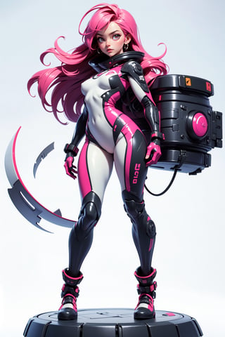 masterpiece, best quality, (clean white background), (beautiful detailed face, beautiful detailed eyes), highres, ultra detailed, masterpiece, best quality, detailed eyes, full body, 1_girl, cyberpunk scene, standing dynamic pose, long pink hair, slender figure, slender legs, slender hips. cybertronic metal arm, Her tight space suit shows off her figure, while her small breasts and large moon boots give her a unique and diverse look. With her big space helmet and jet pack, she is the epitome of a fearless space explorer., angle from below