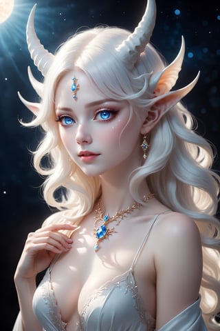 ((full_body)), (long intricate horns:1.2), sensual albino demon girl with {{{naked breasts}}}, enchantingly beautiful alabaster skin, thinking, thoughtful, benevolent smile, beautiful bright blue eyes, soft expression, Depth and Dimension in the Pupils, Her porcelain-like white skin reflects an almost celestial glow, highlighting her ethereal nature, bright sunlight background, backlight, delicate jewellry, the scene is Illuminated with soft enchanting light to accentuate the magical and mysterious atmosphere, goth person, realistic, DetailedEyes,xxmixgirl, 