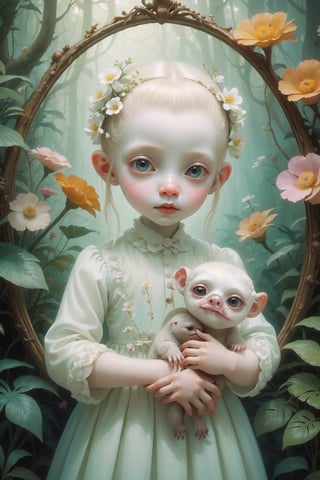 Oil painting of a 12 year old albino girl with a ghostly white face, huge round eyes, super small nose and mouth, holding a cute baby sloth, soft color, dreamlike, surrealism, background with rainforest and flowers, contained within an ornate arched graphic frame, plain white background, intricate details, 3D rendering, octane rendering. Art in pop surrealism lowbrow creepy cute style. Inspired by Ray Caesar. Vintage art, opaque colors, light grain, indirect lighting.