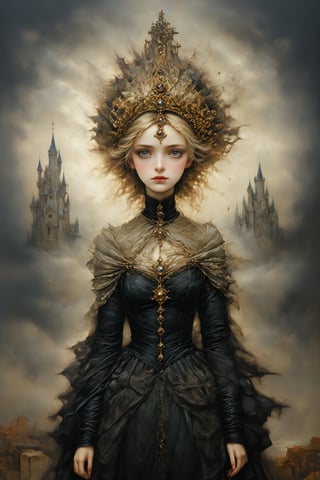 Elegantism, opulent scene, full portrait of a Victorian lady, heroic, black clothes, gold trim, castle background, head and shoulders portrait, 8k resolution. (masterpiece, top quality, best quality, official art, beautiful and aesthetic:1.2), (1girl:1.4), upper body, blonde hair, portrait, extreme detailed, , in the style of esao andrews,aesthetic portrait