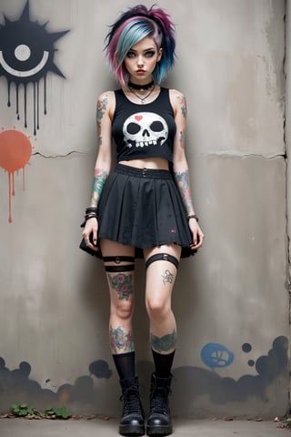 beautiful 20yo girl, a girl in Fairy Grunge fashion, blending ethereal charm with a touch of grunge edge, She wears a tiny micro miniskirt, sleeveless croptop, floral baseball boots and torn black stockings, creating a whimsical contrast to the rebellious aesthetic. Messy, multi-colored hair and makeup complete the look, perforated skirt, baseball boots, goth person, tattoos, ExStyle, Urban Grafitti covered concrete wall Background
