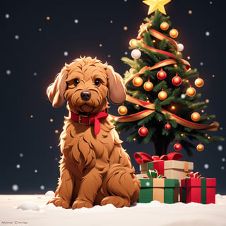 1dog, a cute all light beige australian labradoodle with a brown nose, full body, sitting_down, snow on the ground, full height Christmas tree in background, twinkling christmas lights