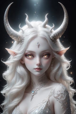 (upper body), (long intricate horns:1.2), sensual albino demon girl with enchantingly beautiful, alabaster skin, {{{naked breasts}}}, thinking, thoughtful, A benevolent smile, girl has beautiful deep eyes, soft expression, Depth and Dimension in the Pupils, Her porcelain-like white skin reflects an almost celestial glow, highlighting her ethereal nature, bright sunglight background, backlight, ornate jewels, the scene is Illuminated with soft enchanting light to accentuate the magical and mysterious atmosphere, goth person, realistic, Wonder of Art and Beauty, ghost person,ghost person,F41Arm0rXL ,DonMM4g1cXL ,glitter