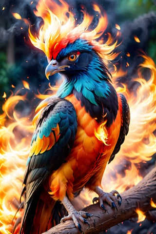 the head and upper body of a beautiful phoenix bird, fire emanates from his feathers, burning, beautiful coloration of the feathers, ornate plumage, {{orange, red, and black plumage}}, flowing into flames, full head, no cropping, bird of prey beak, high quality, 8k, sharp details, {{sharp focus on the eye}}, fine art painting, plain black background, ,fire element, composed of fire elements