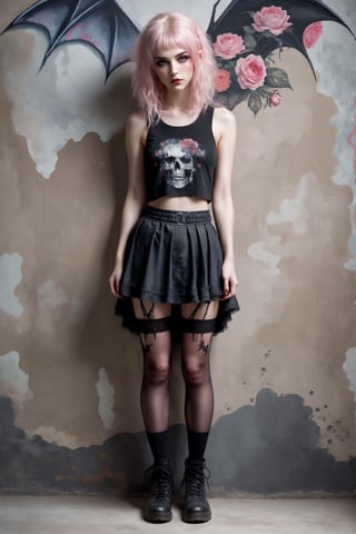 beautiful 20yo girl, a girl in Fairy Grunge fashion, blending ethereal charm with a touch of grunge edge, She wears a tiny micro froufrou miniskirt, sleeveless croptop, floral baseball boots and torn black stockings, creating a whimsical contrast to the rebellious aesthetic. Messy, pastel-colored hair and makeup complete the look, perforated skirt, baseball boots, goth person, black dragon wings, ExStyle, Urban Grafitti covered concrete wall Background