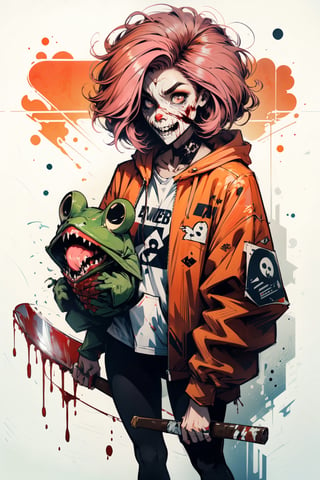 cute urban street kid girl with brown skin and pink hair in happy jolly frog hoodie, zombie hunter holding oversized axe, blood splatter, decapitated zombie, pop art style midjourney, 1 girl, SAM YANG, realhands, SAM YANG
