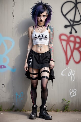 beautiful 20yo girl, Fairy Grunge fashion, She is naked, baseball boots and torn black stockings, creating a whimsical contrast to the rebellious aesthetic. Messy, multi-colored hair and makeup complete the look, baseball boots, goth person, piercings, nipple piercing, tattoos, ExStyle, Urban Grafitti covered concrete wall Background, p3rfect boobs,
