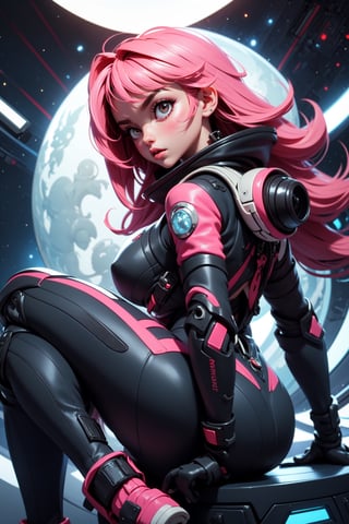 masterpiece, best quality, (detailed background), (beautiful detailed face, beautiful detailed eyes), absurdres, highres, ultra detailed, masterpiece, best quality, detailed eyes, upper body, 1_girl, cyberpunk scene, As she sits atop the alien beast, her long, pink hair cascades down her back, adding a touch of femininity to her otherwise tough and adventurous appearance. Her tight space suit shows off her figure, while her small breasts and large moon boots give her a unique and diverse look. With her big space helmet and jet pack, she is the epitome of a fearless space explorer.